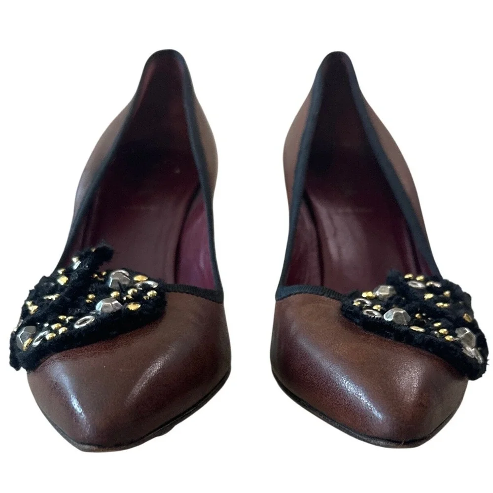 Prada Vintage Brown Leather Studded Grommet Bow Pumps Pointed Toe IT40 9.5